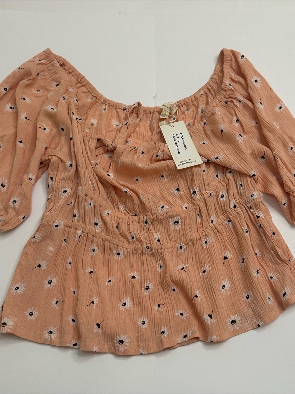 NWT SIM & SAM Coral floral Off Shoulder Smocked Puff Sleeve Cottagecore Top L